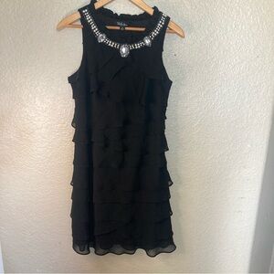 SL Fashions Black Tiered Dress Ruffled Mini Pearl Encrusted Collar Womens Size 8